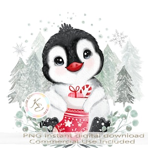 Lindo pingüino de Navidad PNG, png de Navidad para niños para sublimación, descarga digital, lindo pingüino con imágenes prediseñadas de medias, SVG, para hojas de hielo