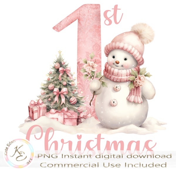 First Christmas PNG, Baby first Christmas, Pink Christmas PNG, Girl 1st Christmas, Vintage, Sublimation, Digital Download, Pink Snowman PNG,