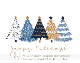 Happy Holidays PNG, Christmas Trees PNG, Digital download, Christmas Shirt Design, Christmas Sublimation, Minimalist, Blue, Navy, Simple,