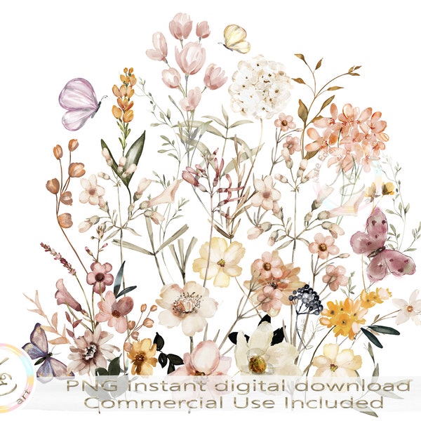 Pressed Flowers PNG, Meadow, Wildflowers, Floral, Cottagecore Design, Boho Wildflowers, Botanical, Nature, Garden, Download, Sublimation