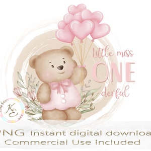 Conception de premier anniversaire pour bébé fille, PNG, conception de sublimation, 1er anniversaire, bébé ours mignon, téléchargement numérique instantané, petite miss Onederful