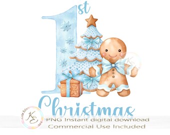 First Christmas PNG, Baby first Christmas, Gingerbread Man, Blue Christmas PNG, Boy 1st Christmas, Vintage, Sublimation, Digital Download