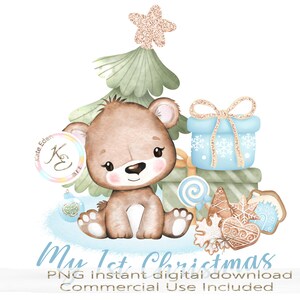 My 1st Christmas PNG, Weihnachtsbaum und Teddybär, Weihnachten Printables, Babys erstes Weihnachten, Sublimation, digitaler Download, blau, SVG