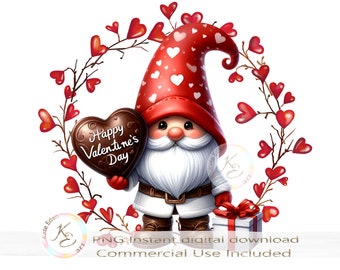 Valentine's Gnome PNG, Valentines PNG, St Valentines Day, Gnome Sublimation Design, Digital Download, Gnome In The Heart Wreath, Card Image,