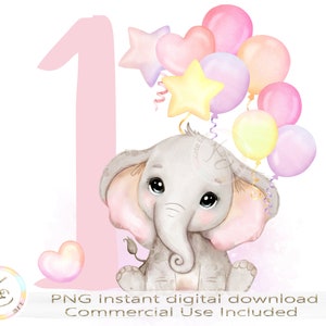 1. Geburtstag Mädchen PNG, erster Geburtstag Mädchen, Sublimation, süße Baby Elefant PNG, sofortiger Download, 1. Geburtstag PNG, digitale Geburtstagskarte