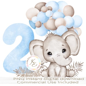 2. Geburtstag PNG für einen Jungen, süßer Elefant Sublimation mit blauen Luftballons, blauer 2.Geburtstag T-Shirt SVG, süßer zweiter Geburtstag png, download
