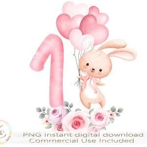Premier anniversaire fille, PNG, 1er anniversaire fille, lapin mignon, ballons roses, Téléchargement numérique, Un an, Sublimation, 1ère carte d'anniversaire,