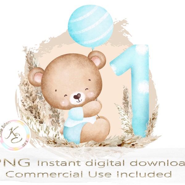 Primo compleanno bambino design sublimazione PNG, 1 ° compleanno ragazzo, simpatico orsetto, Download digitale istantaneo, boho primo compleanno, bambino ragazzo,