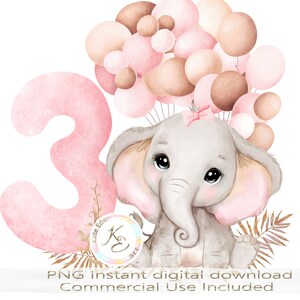 3. Geburtstag PNG für ein Mädchen, niedlicher Elefant Sublimation mit rosa Luftballons, rosa, dritter Geburtstag T-shirt SVG, digitaler Download, Luftballons,