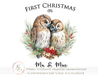 First Christmas Mr and Mrs PNG, Cute Owls, Sublimation, Christmas Card Design, Couple PNG, Download, Married Christmas Ornament Design