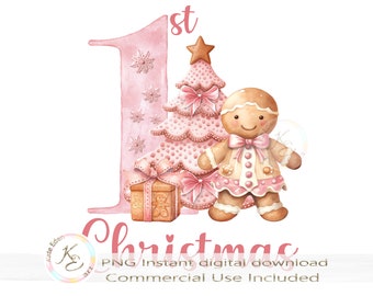 First Christmas PNG, Baby first Christmas, Gingerbread Man Girl, Pink Christmas PNG, Girl 1st Christmas, Vintage, Sublimation, Download