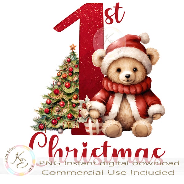 Baby's first Christmas PNG, Christmas Tree and Teddy Bear, Sublimation, Instant Digital Download, 1st Christmas PNG, Santa Sack Design,