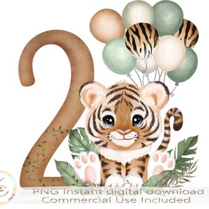 2. Geburtstag PNG, Tiger Zweiter Geburtstag, Sublimation, 2. Geburtstag Junge, niedliche Dschungel Tiere, Download, zweiter Geburtstag Dekorationen