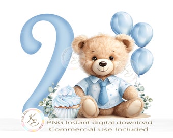 2nd Birthday Boy PNG, Second Birthday, Cute Teddy Bear, 2nd Birthday Digital, Instant Download, Sublimation Design, Blue Balloons, Toddler