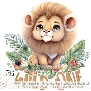 Selvaggio, 1 ° compleanno PNG, Leone primo compleanno, sublimazione, primo compleanno vestito design, simpatici animali della giungla, Safari, Download, simpatico leone
