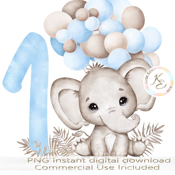 First Birthday Boy Blue, PNG, Sublimation, 1st Birthday Boy, Cute Baby Elephant, Instant Digital Download, 1st Birthday, Sublimation designs