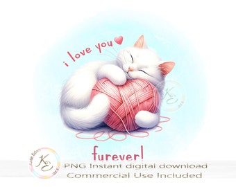 Cute White Cat PNG, Knitting PNG, Cat Lover, Funny Cat Print, Sublimation, Instant Digital Download, Girls Print, Kitten Mug Illustration,