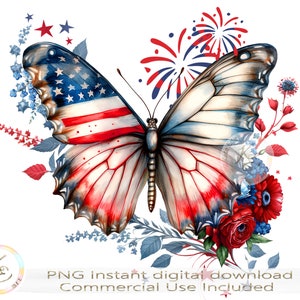 Borboleta da bandeira americana PNG, 4 de julho png, png patriótico, sublimação, download, floral, menina americana PNG, uso comercial ok, bandeira dos EUA,