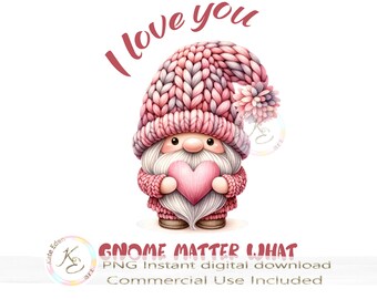Valentine's Gnome PNG, Pink Valentines PNG, St Valentines Day, Gnome Sublimation Design, Digital Download, Card Image, DIY Valentines,