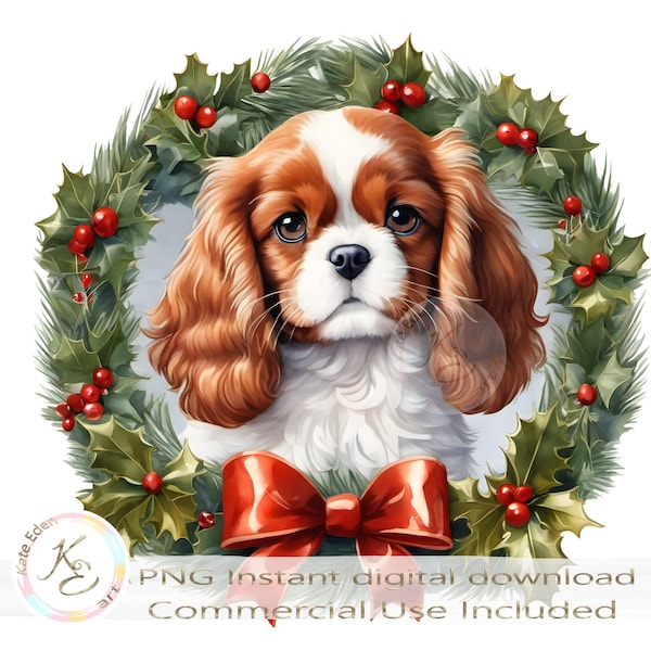 Noël Cavalier King Charles Spaniel PNG, Sublimation de Noël, Téléchargement numérique instantané, Clipart chien de Noël, Chiot de Noël mignon,