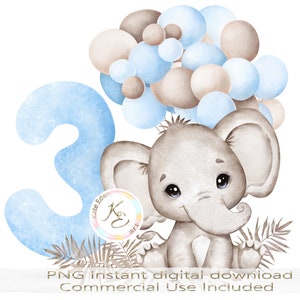 3. Geburtstag PNG für einen Jungen, niedlicher Elefant mit blauen Luftballons, Sublimation, blauer 3.Geburtstag T-Shirt SVG, niedlicher dritter Geburtstag png, download