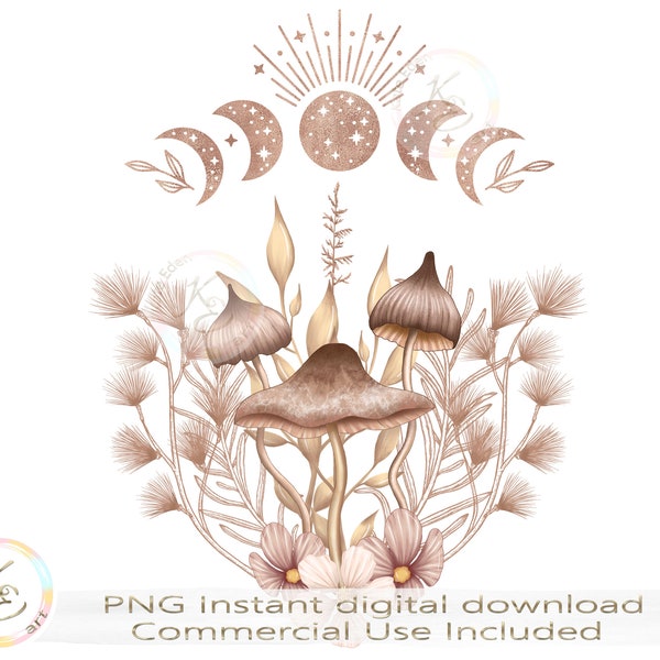 Cottagecore Mushroom PNG, Moon phases and mushrooms, Magical Celestial Fungi, Download, Sublimation, Goblincore aesthetic PNG, Rosegold