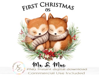 First Christmas as Mr and Mrs PNG, Cute Fox, Sublimation, Christmas Card Design, Instant Digital Download, Married Christmas Ornament Design