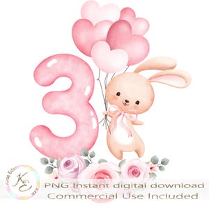 3e verjaardag meisje PNG, derde verjaardag meisje, schattig konijntje, roze ballonnen, digitale download, drie jaar oud, sublimatie, verjaardagskaartontwerp,
