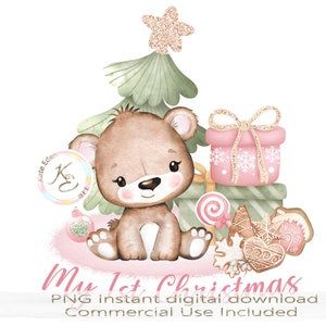 My 1st Christmas PNG, Christmas Tree and Teddy Bear, Christmas Printables, Baby's first Christmas, Sublimation, Digital Download, Pink, SVG
