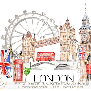 Londres PNG, sublimação, Big Ben, download digital, lembrança, Tower Bridge, horizonte de Londres, viagem a Londres, imagem de Londres, arte digital de Londres
