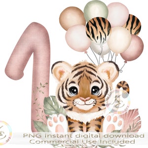 Primeiro aniversário PNG, primeiro aniversário do tigre, sublimação, menina do primeiro aniversário, animais fofos da selva, safari, download, decorações do primeiro aniversário