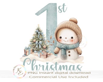 1st Christmas PNG, Baby Boy first Christmas, Vintage, Snowman, Sublimation, Download, Baby's first Christmas, 1st Christmas Bauble Design,