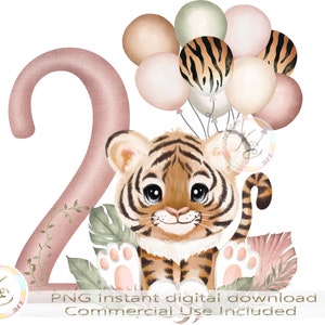 2e anniversaire PNG, tigre deuxième anniversaire, Sublimation, 2e anniversaire fille, mignons animaux de la Jungle, Safari, téléchargement, deuxième anniversaire décorations