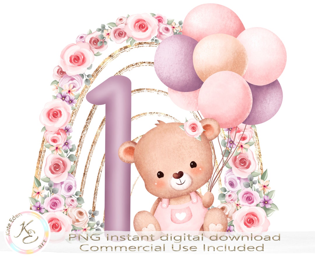 First Birthday Girl PNG, 1st Birthday Girl, Cute Bear PNG, Instant