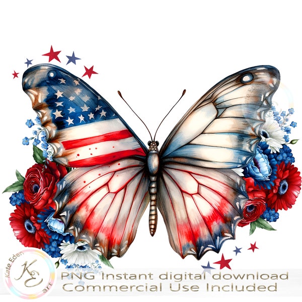 American Patriotic Butterfly PNG, American Flag, Sublimation, Download, Floral, American Girl PNG, Commercial Use ok, USA flag, 4th of July,