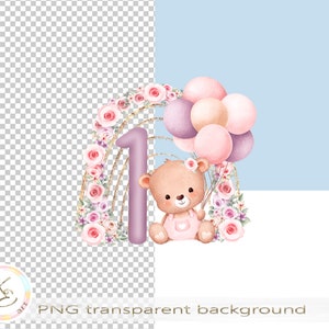 First Birthday Girl PNG, 1st Birthday Girl, Cute Bear PNG, Instant
