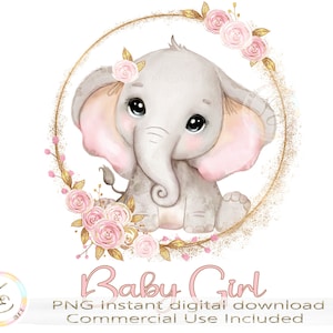 Elefante carino e fiori rosa PNG, Annuncio del bambino, Bambina, Design della carta, Design a sublimazione, È una ragazza, Download, PNG carino per ragazze
