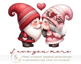 Valentines Gnomes Clipart, Valentines PNG, St Valentines Day Design, Instant Digital Download, Gnome Sublimation, Valentines Clipart, Kiss,