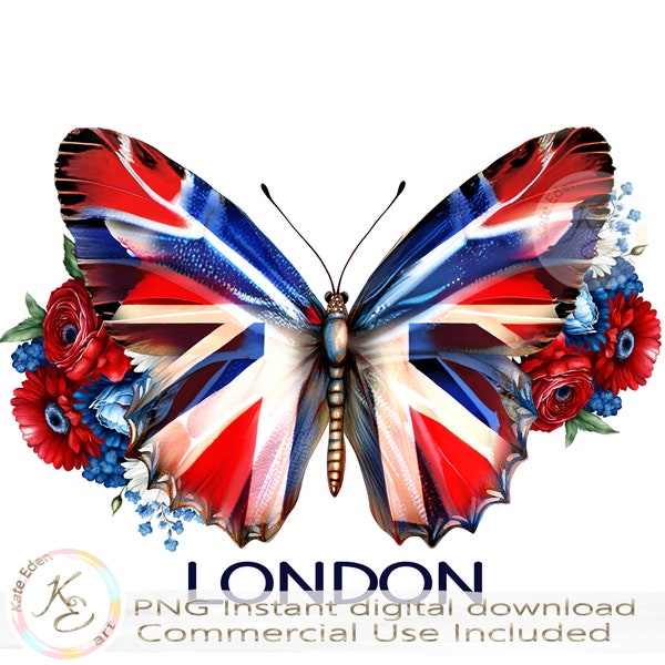 British Patriotic Butterfly PNG, Union Jack Flag, Sublimation, Download, Floral, Commercial Use ok, UK Flag, London Shirt Design, UK Gifts