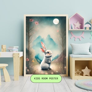 Cute Rabbit Wall Art Printable - Storybook Woodland Animal Digital Download - Forest Themed Nursery Art - Decor for Baby and Kids bedrooms