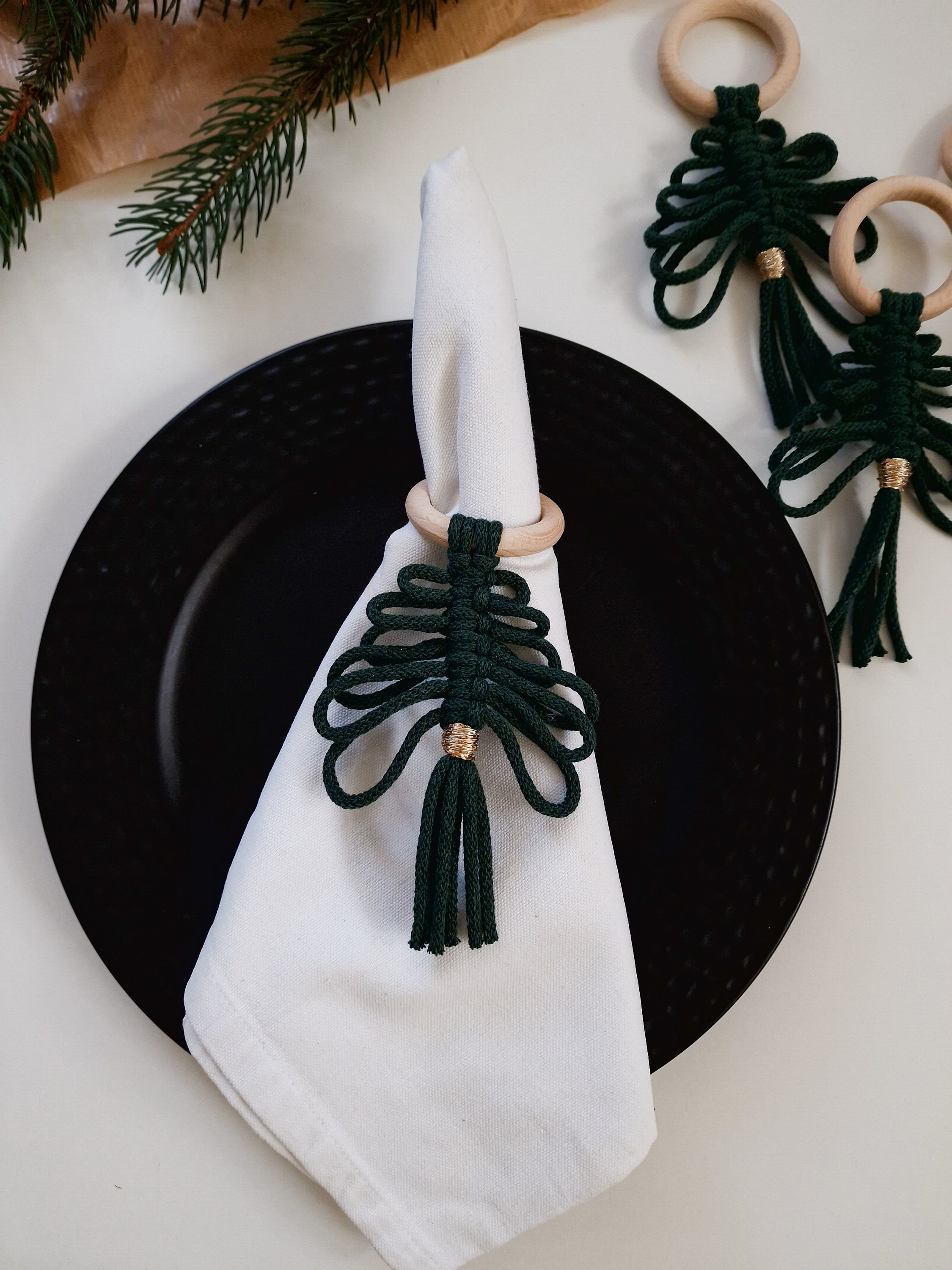 Set 4 pcs, Christmas napkin ring, xmas tree table decor, macrame napkin holder