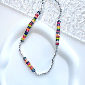 Colorful Stones Silver Beads Mixed Choker Silver Stainless Steel Multi Color Gemstone Seed Bead Layering Boho Dainty Necklace Gift