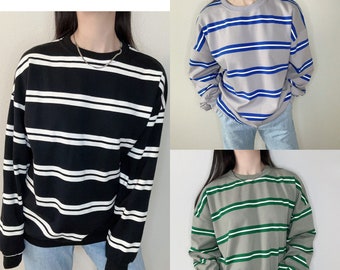 Multicolor Long Sleeve Striped Sweatshirt Colors Loose/Oversize Minimalist Basic Hoodies Black/Green/Grey/Blue Colored Stylish/Trendy Gift