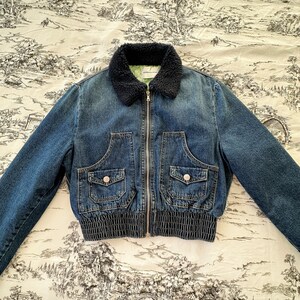 Wool Lapel Collar Cropped Denim Padded Jacket Embroidery Letters Stylish Vintage Coats