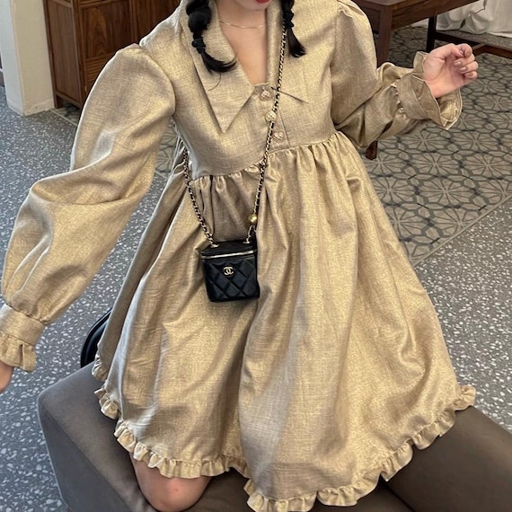 Golden Ruffled Gorgeous Dress Heart Buttons Textured Puff Short Gold Dress