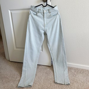 Light Blue Straight Leg Vented Hem Jeans Vintage/Retro Color Stylish/Trendy Full Length Jeans