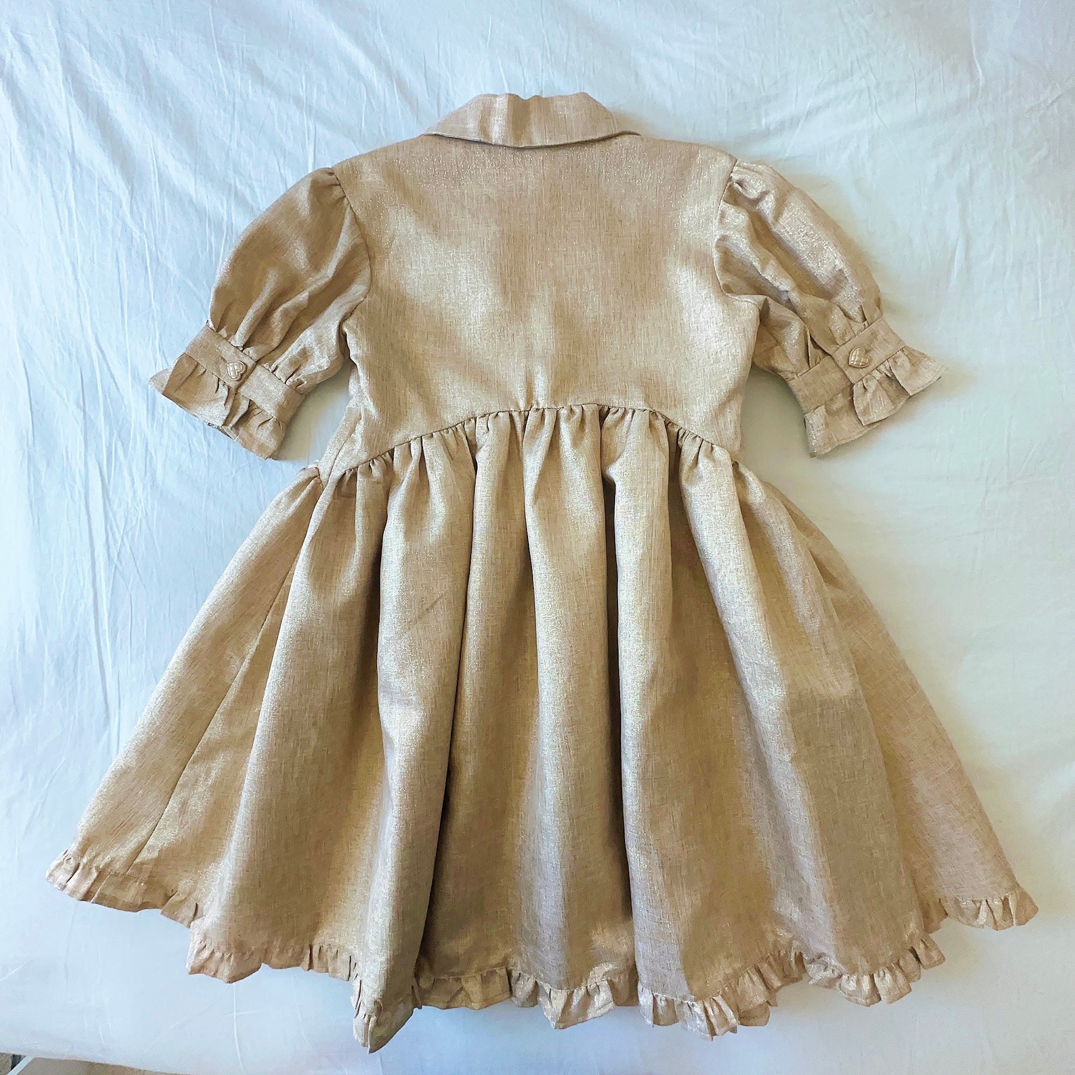 Golden Ruffled Gorgeous Dress Heart Buttons Textured Puff Short Gold Dress Golden Ruffled Gorgeous Dress Heart Buttons Textured Puff Short Gold Dress