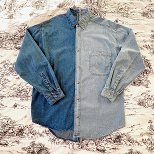 Denim Shirt Dark/Light Blue Contrasted Asymmetrical Unique/Stylish Denim Blouse