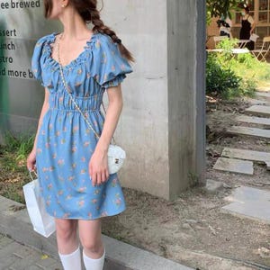 Floral Printed Blue Dress Adjustable Neckline Elastic Cuff and Waist