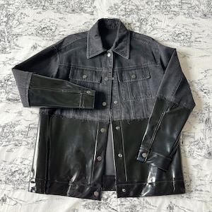 Dark Grey Denim Black Patent Leather Contrasted Jacket Lapel Collar Stylish/Y2K/Unique